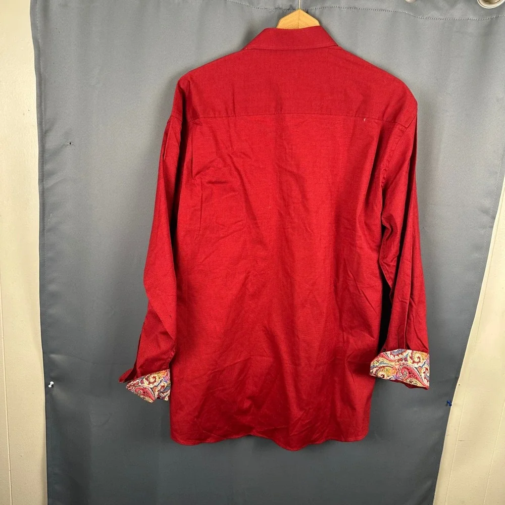 Alan Flusser Mens Red Button Down Shirt Paisley Trim Accents Long Sleeve Large
